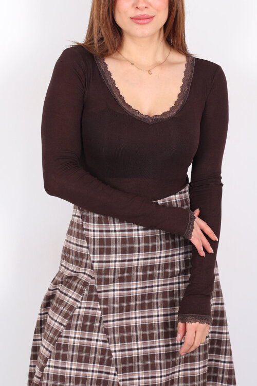 Yaka Ve Kol Dantel Detaylı Kadın Acı Kahve Bluz - Berox (1)