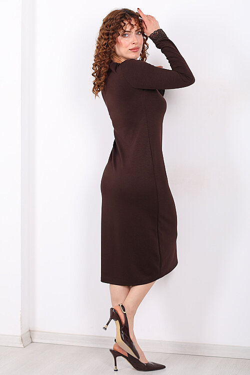 Yaka ve Kol Dantel Detaylı Kadın Kahverengi Modal Elbise - 5