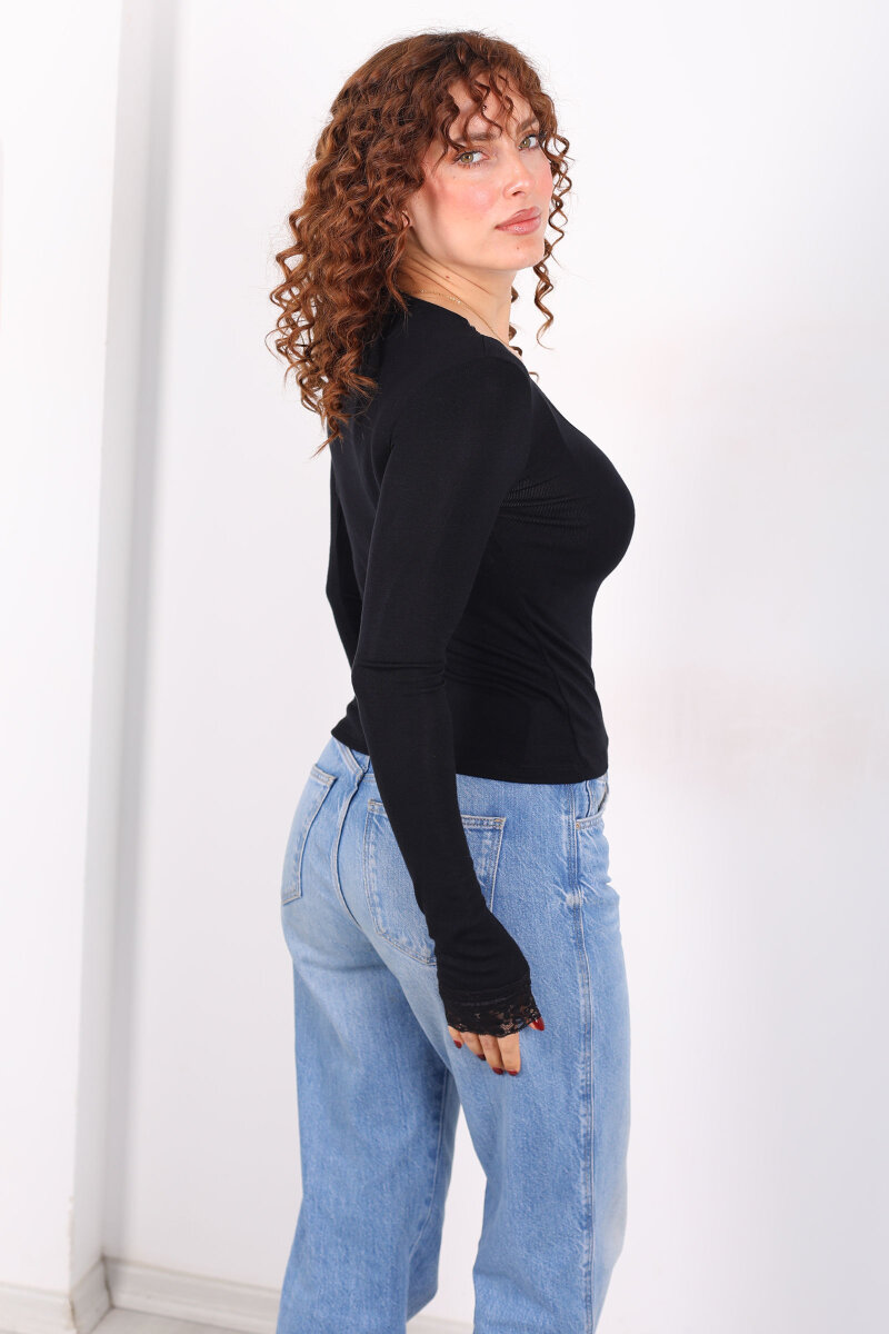 Yaka ve Kol Dantelli Siyah Kadın Body - 5