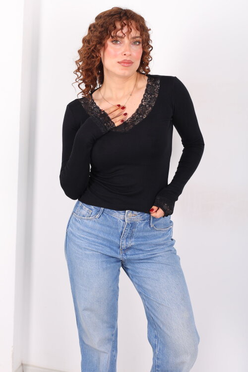 Yaka ve Kol Dantelli Siyah Kadın Body - 4