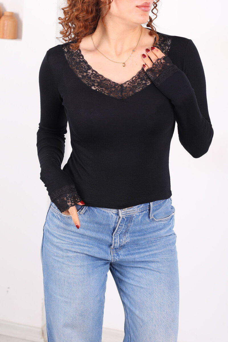 Yaka ve Kol Dantelli Siyah Kadın Body - 2