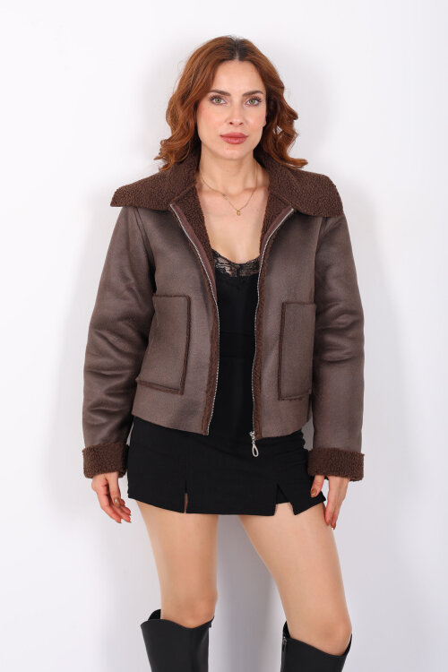 Yaka Ve Kol Kürk Detaylı Acı Kahve Kadın Süet Mont - 7