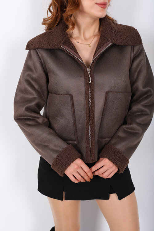 Yaka Ve Kol Kürk Detaylı Acı Kahve Kadın Süet Mont - Berox (1)