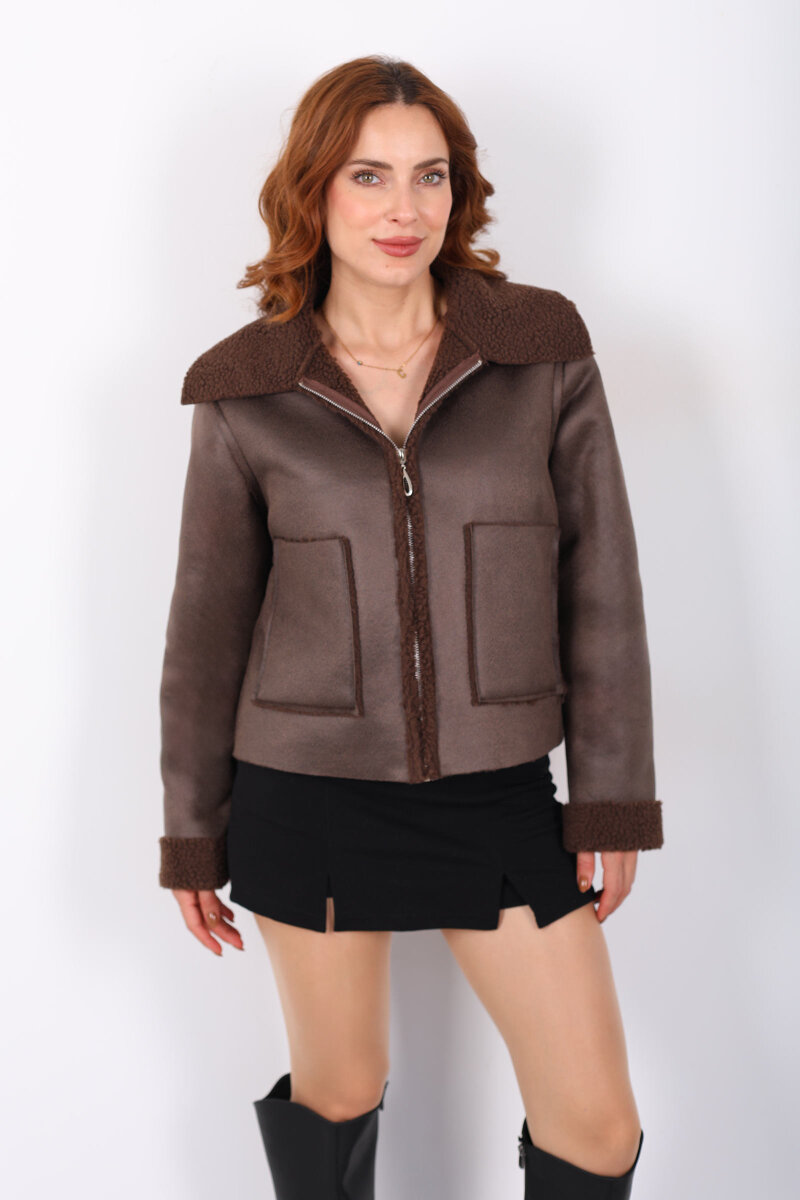 Yaka Ve Kol Kürk Detaylı Acı Kahve Kadın Süet Mont - 4