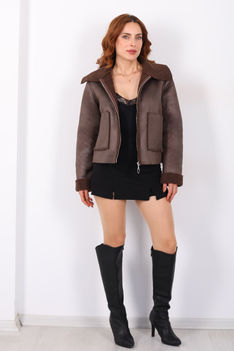 Yaka Ve Kol Kürk Detaylı Acı Kahve Kadın Süet Mont - 6