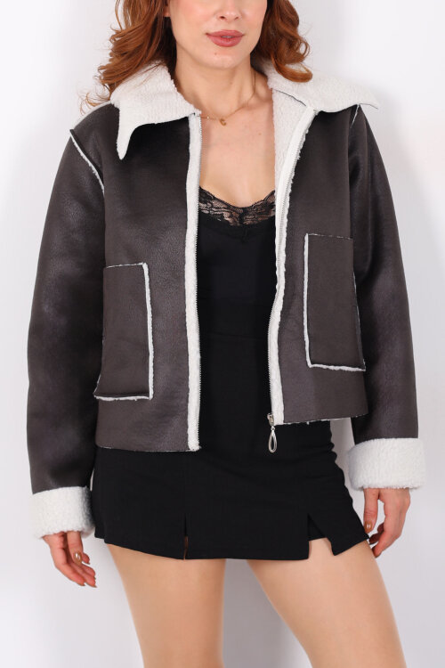 Yaka Ve Kol Kürk Detaylı Antrasit Kadın Süet Mont - Berox (1)