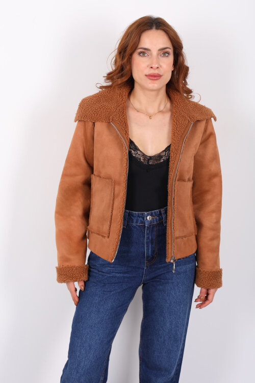 Yaka Ve Kol Kürk Detaylı Taba Kadın Süet Mont - 5