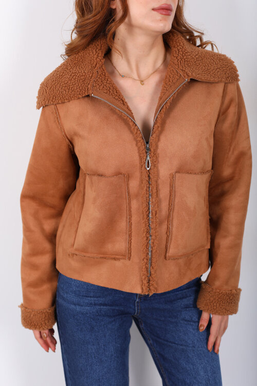 Yaka Ve Kol Kürk Detaylı Taba Kadın Süet Mont - Berox (1)