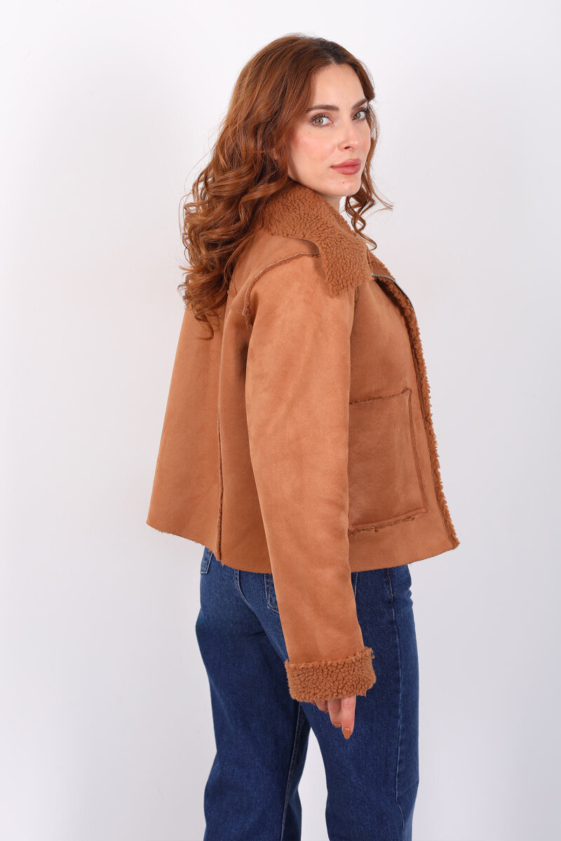 Yaka Ve Kol Kürk Detaylı Taba Kadın Süet Mont - 6