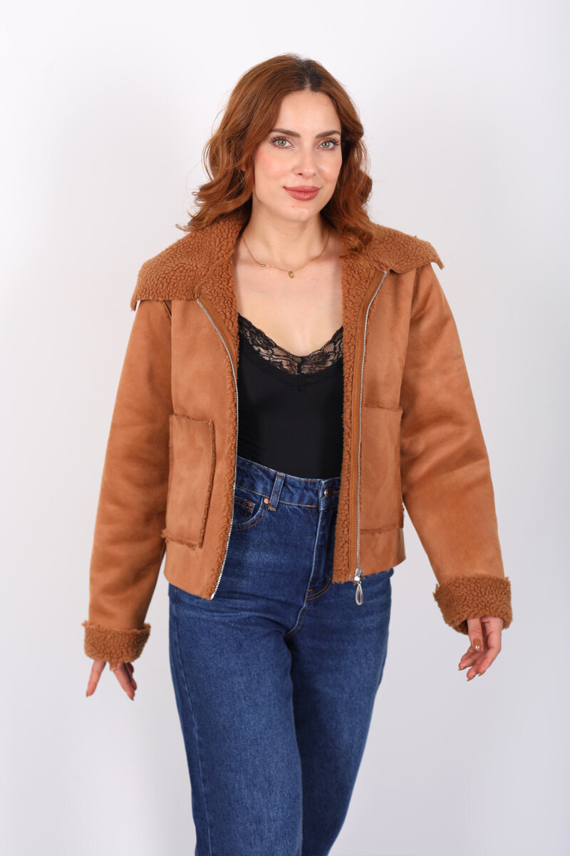 Yaka Ve Kol Kürk Detaylı Taba Kadın Süet Mont - 7