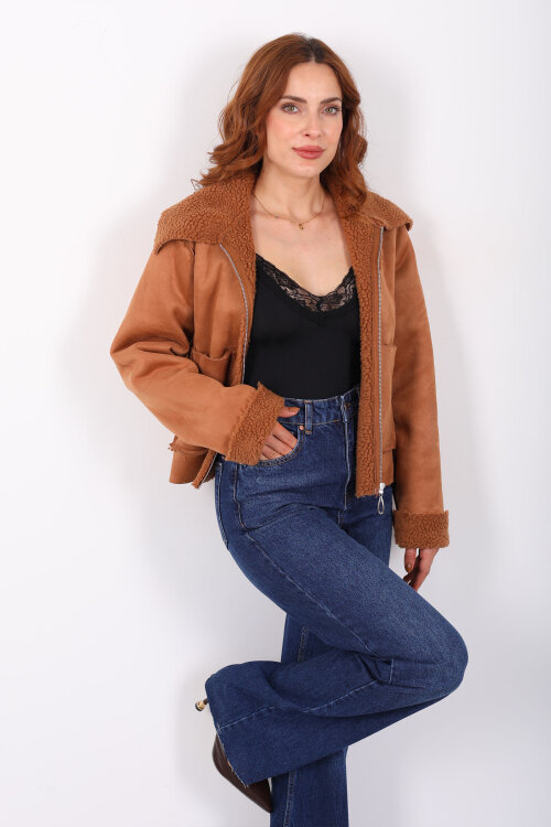 Yaka Ve Kol Kürk Detaylı Taba Kadın Süet Mont - 4