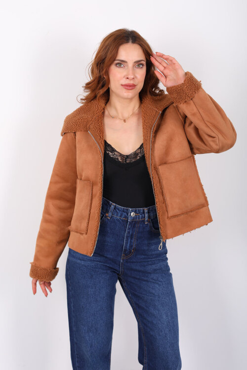 Yaka Ve Kol Kürk Detaylı Taba Kadın Süet Mont - 3