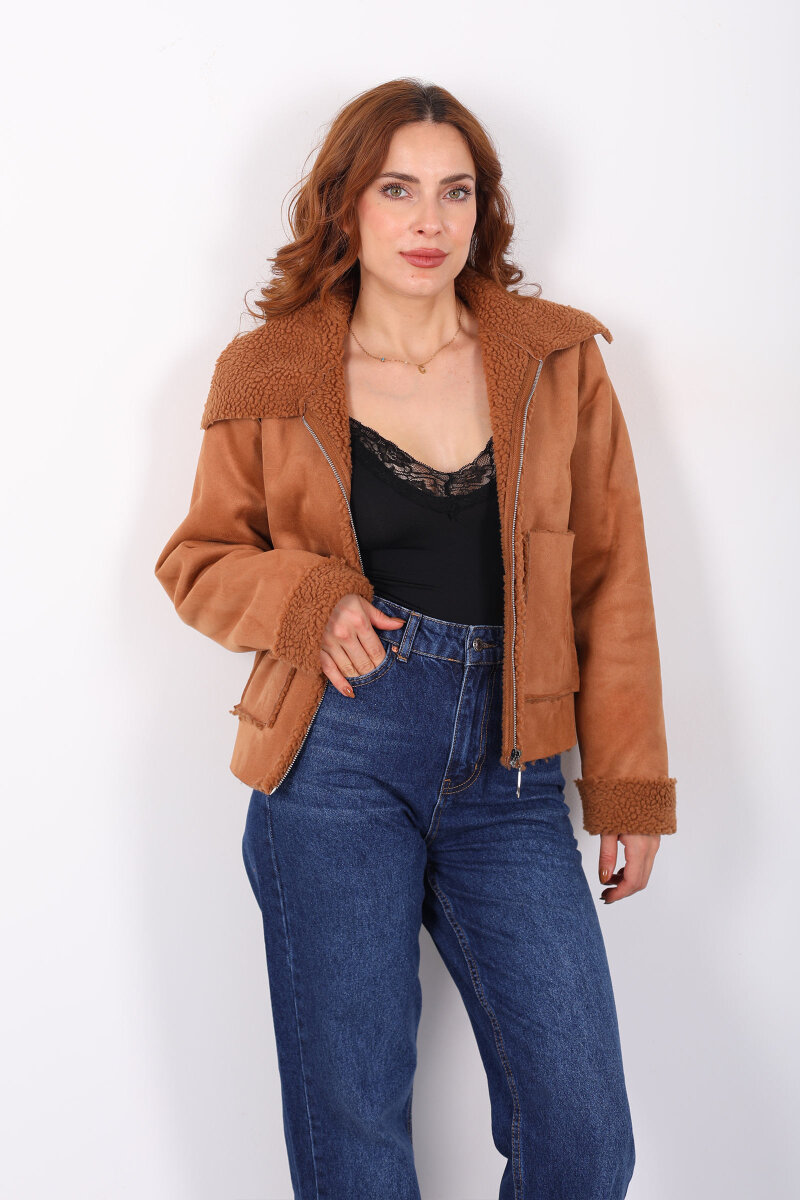 Yaka Ve Kol Kürk Detaylı Taba Kadın Süet Mont - 1