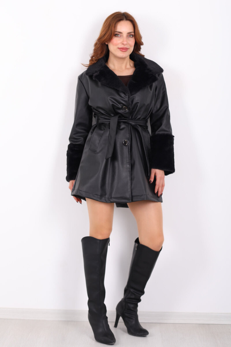 Yaka Ve Kol Kürklü Kuşaklı Siyah Kadın Deri Kaban - 4