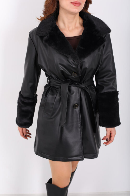 Yaka Ve Kol Kürklü Kuşaklı Siyah Kadın Deri Kaban - Berox (1)