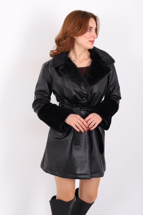 Yaka Ve Kol Kürklü Kuşaklı Siyah Kadın Deri Kaban - 3