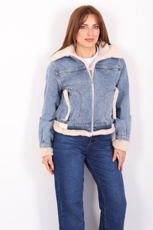 Yaka Ve Kol Kürklü Yanı Kemerli Kadın Mavi Kot Ceket - 7