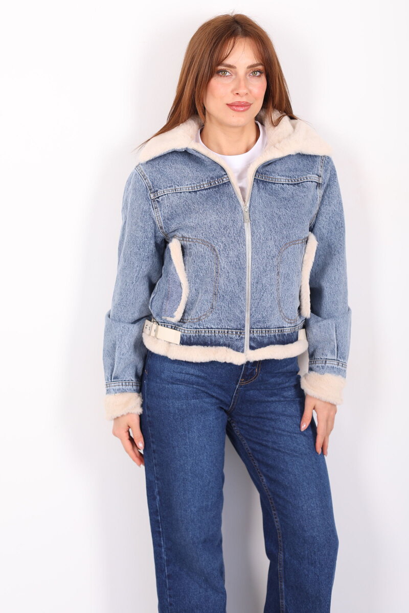 Yaka Ve Kol Kürklü Yanı Kemerli Kadın Mavi Kot Ceket - 7
