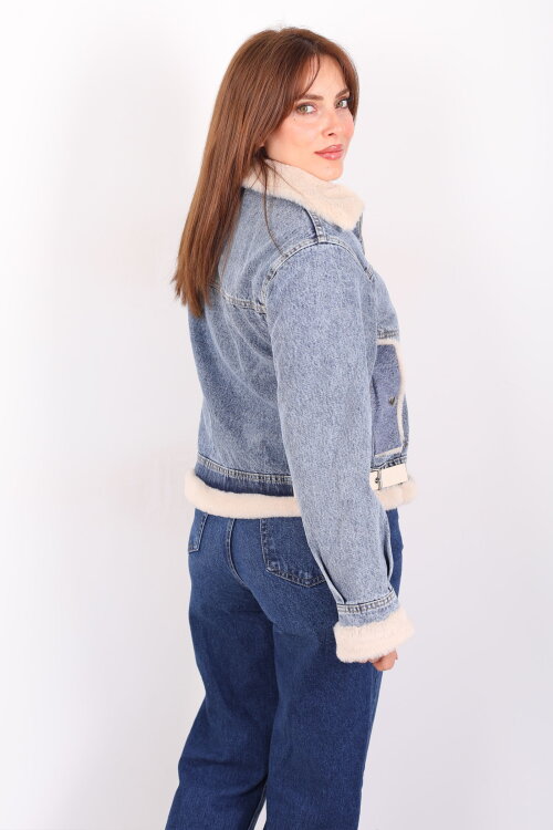 Yaka Ve Kol Kürklü Yanı Kemerli Kadın Mavi Kot Ceket - 6