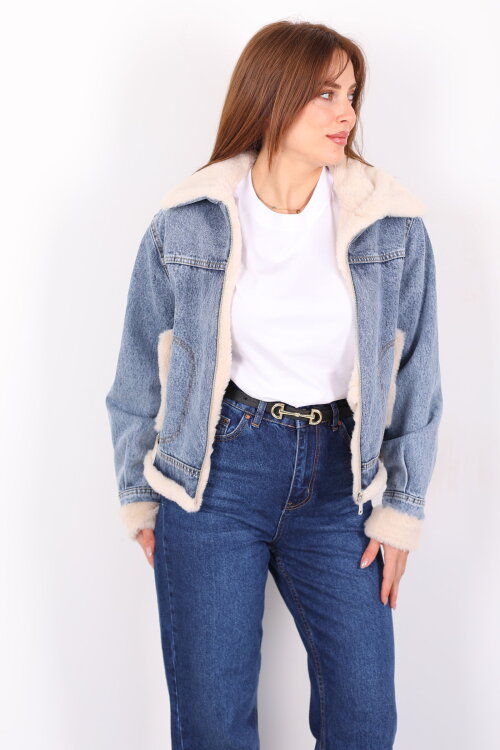 Yaka Ve Kol Kürklü Yanı Kemerli Kadın Mavi Kot Ceket - 4