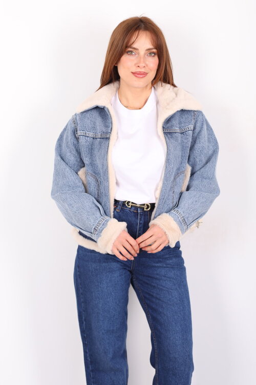 Yaka Ve Kol Kürklü Yanı Kemerli Kadın Mavi Kot Ceket - Berox