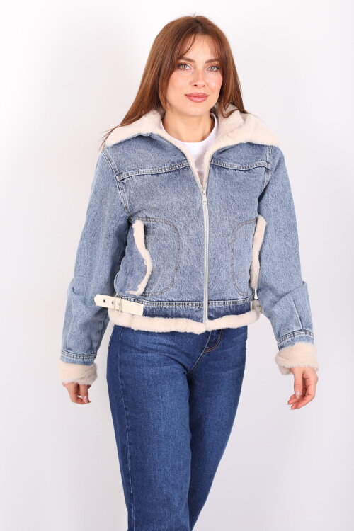 Yaka Ve Kol Kürklü Yanı Kemerli Kadın Mavi Kot Ceket - 5