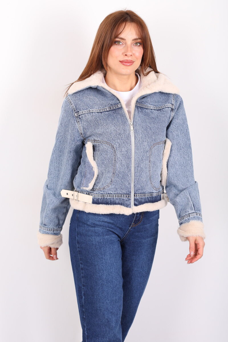 Yaka Ve Kol Kürklü Yanı Kemerli Kadın Mavi Kot Ceket - 5
