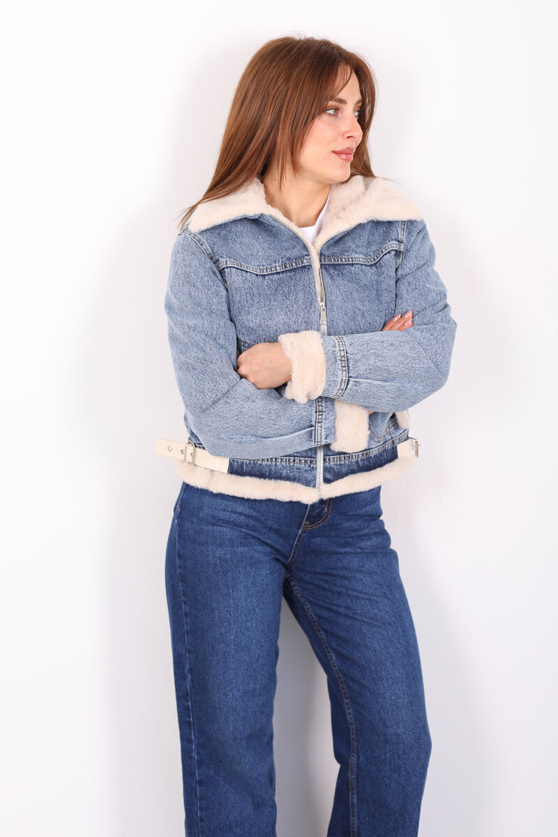 Yaka Ve Kol Kürklü Yanı Kemerli Kadın Mavi Kot Ceket - 3