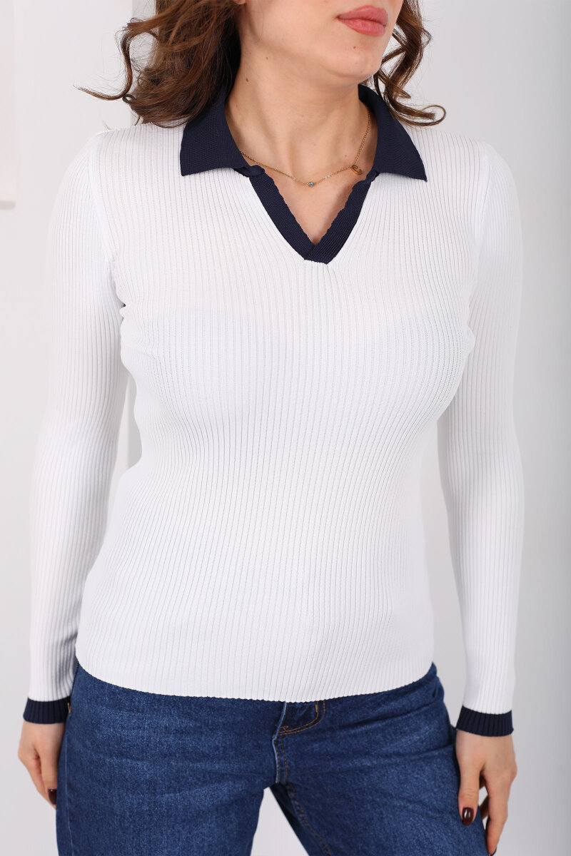 Yaka Ve Kol Şeritli Beyaz Kadın Triko Kazak - 2