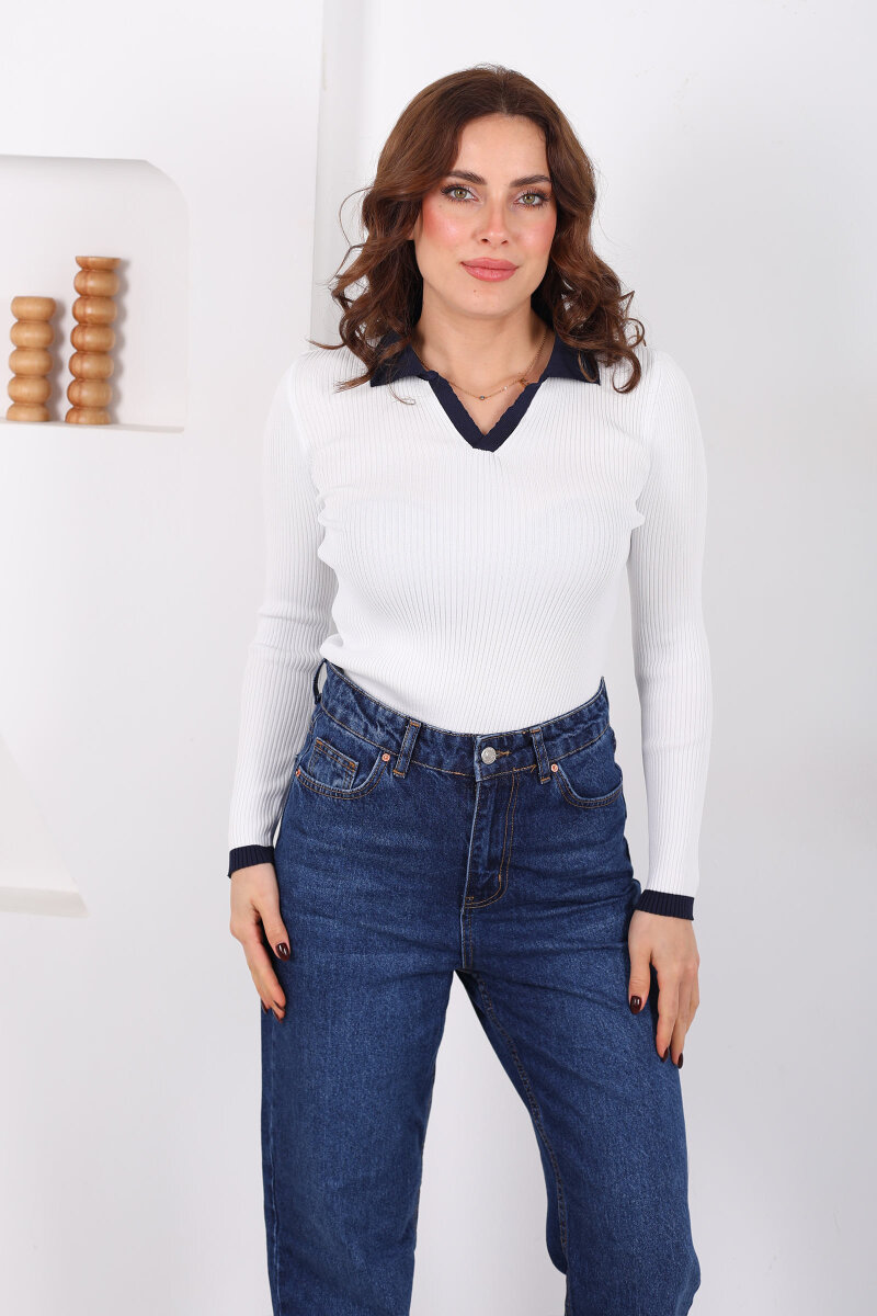 Yaka Ve Kol Şeritli Beyaz Kadın Triko Kazak - 3