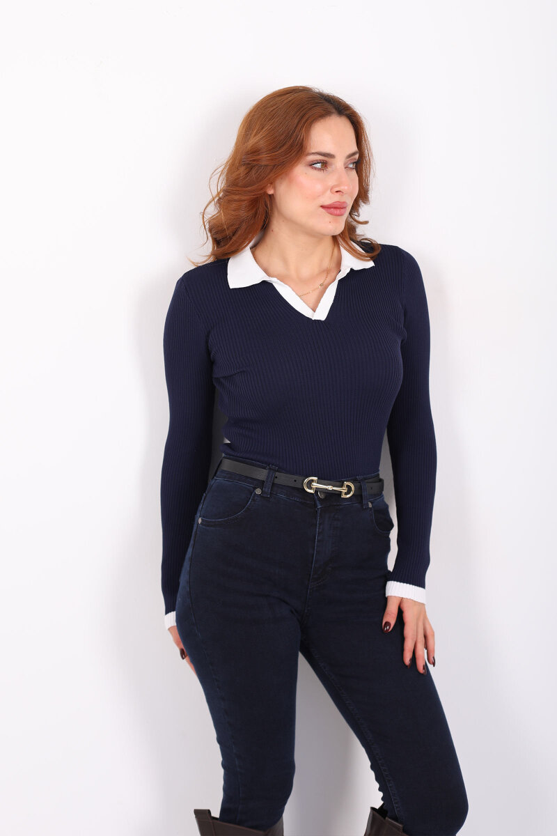 Yaka Ve Kol Şeritli Lacivert Kadın Triko Kazak - 4