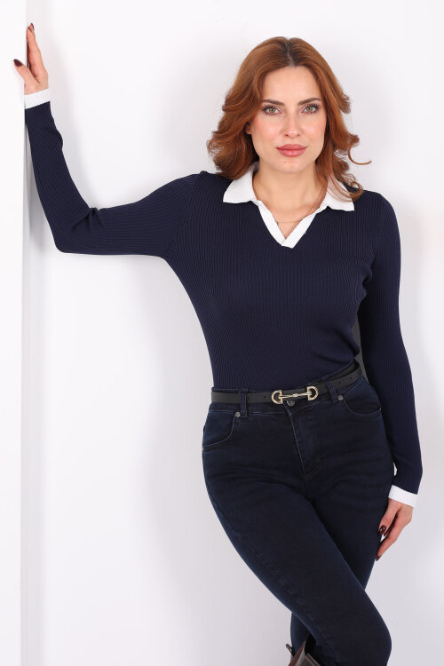 Yaka Ve Kol Şeritli Lacivert Kadın Triko Kazak - Berox