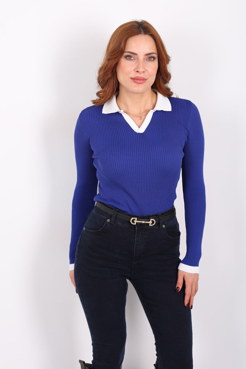 Yaka Ve Kol Şeritli Saks Mavisi Kadın Triko Kazak - 6