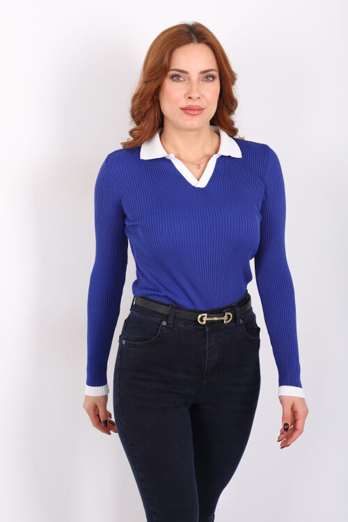 Yaka Ve Kol Şeritli Saks Mavisi Kadın Triko Kazak - 4