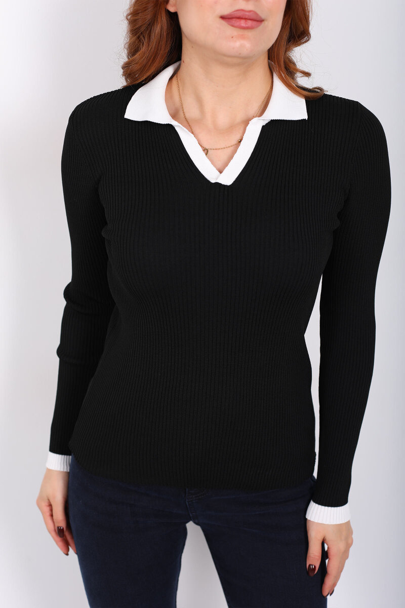 Yaka Ve Kol Şeritli Siyah Kadın Triko Kazak - 2