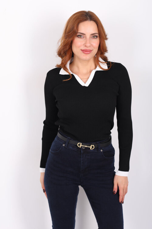 Yaka Ve Kol Şeritli Siyah Kadın Triko Kazak - Berox