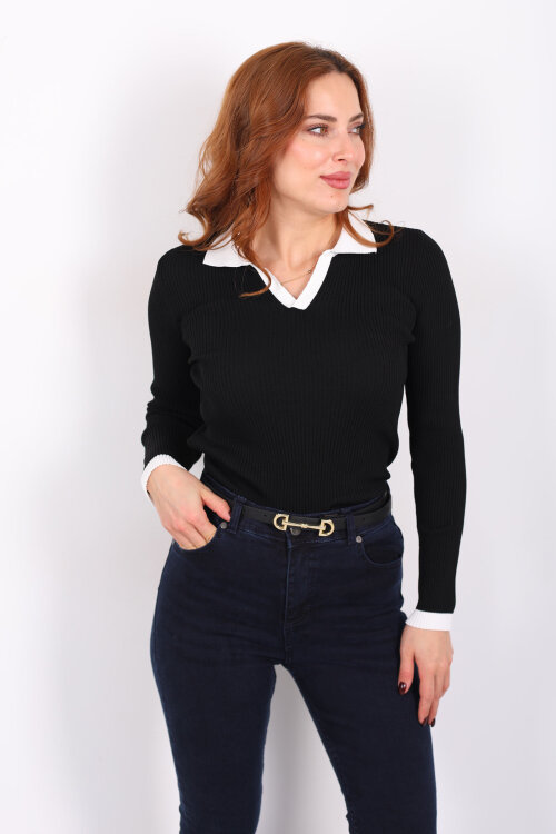 Yaka Ve Kol Şeritli Siyah Kadın Triko Kazak - 3