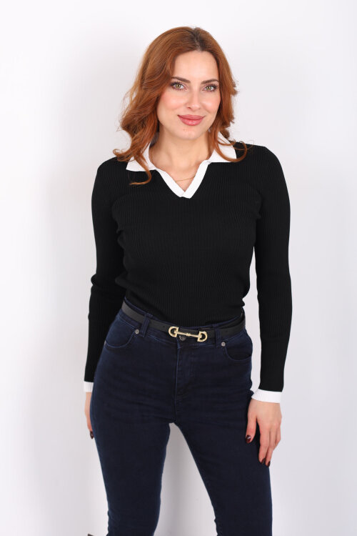 Yaka Ve Kol Şeritli Siyah Kadın Triko Kazak - 4