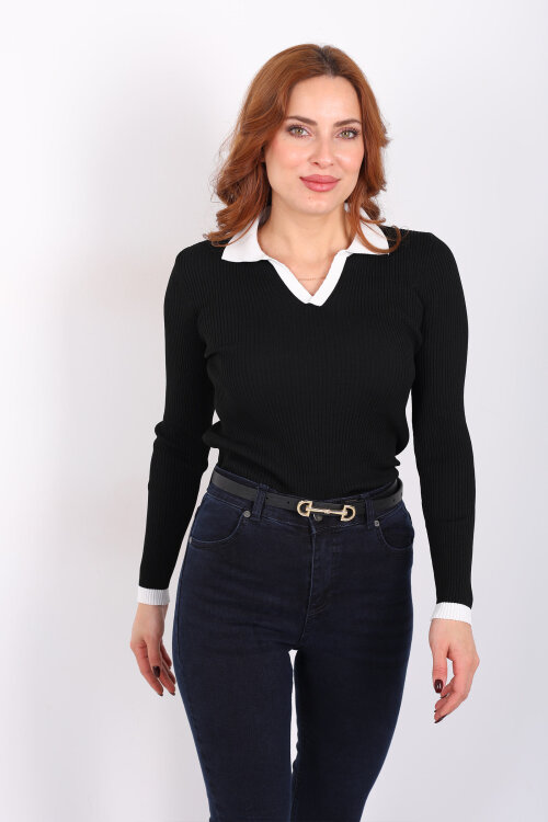 Yaka Ve Kol Şeritli Siyah Kadın Triko Kazak - 5