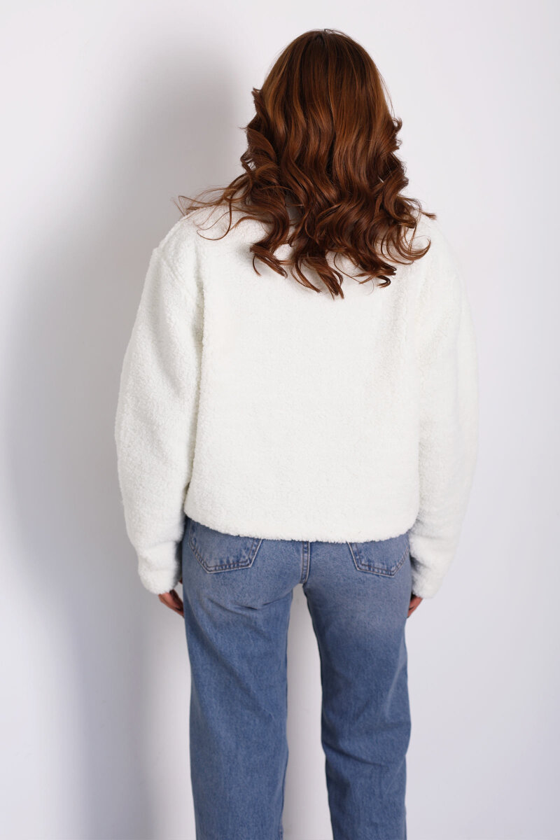 Yakalı Cepli Ekru Kadın Peluş Mont - 5