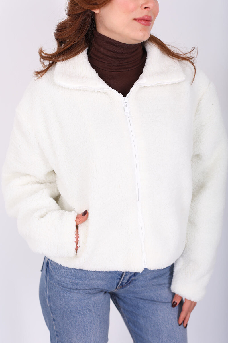 Yakalı Cepli Ekru Kadın Peluş Mont - 2
