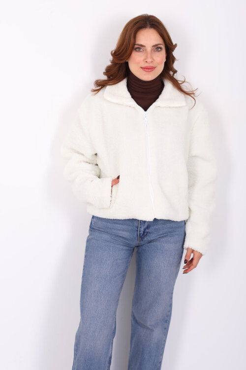 Yakalı Cepli Ekru Kadın Peluş Mont - 6