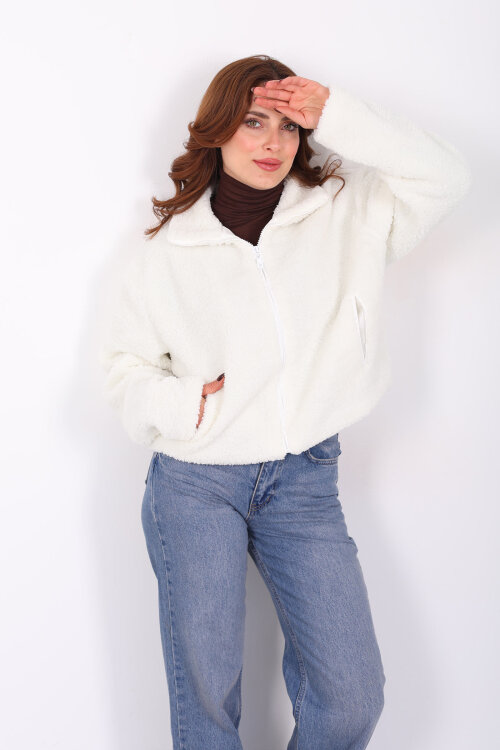 Yakalı Cepli Ekru Kadın Peluş Mont - Berox