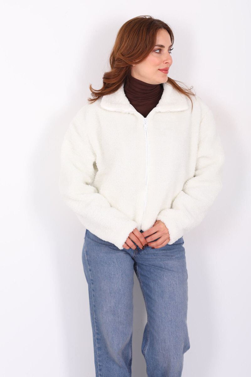 Yakalı Cepli Ekru Kadın Peluş Mont - 4