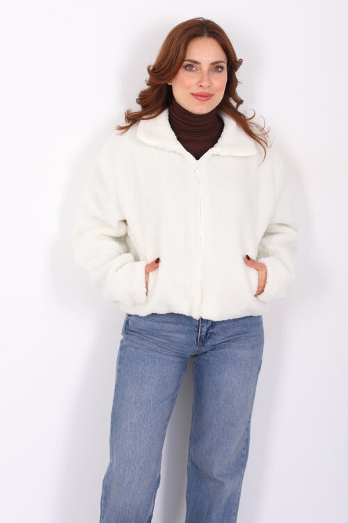 Yakalı Cepli Ekru Kadın Peluş Mont - 3