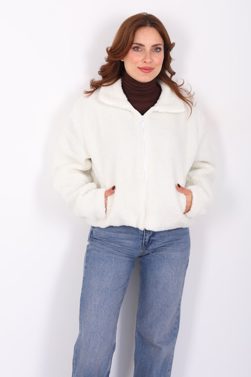 Yakalı Cepli Ekru Kadın Peluş Mont - 3