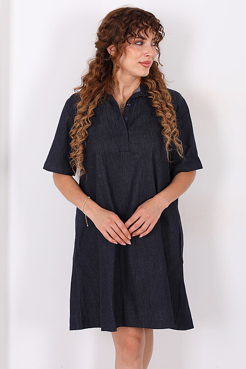Yakalı Cepli Oversize Denim Lacivert Kadın Elbise - 4