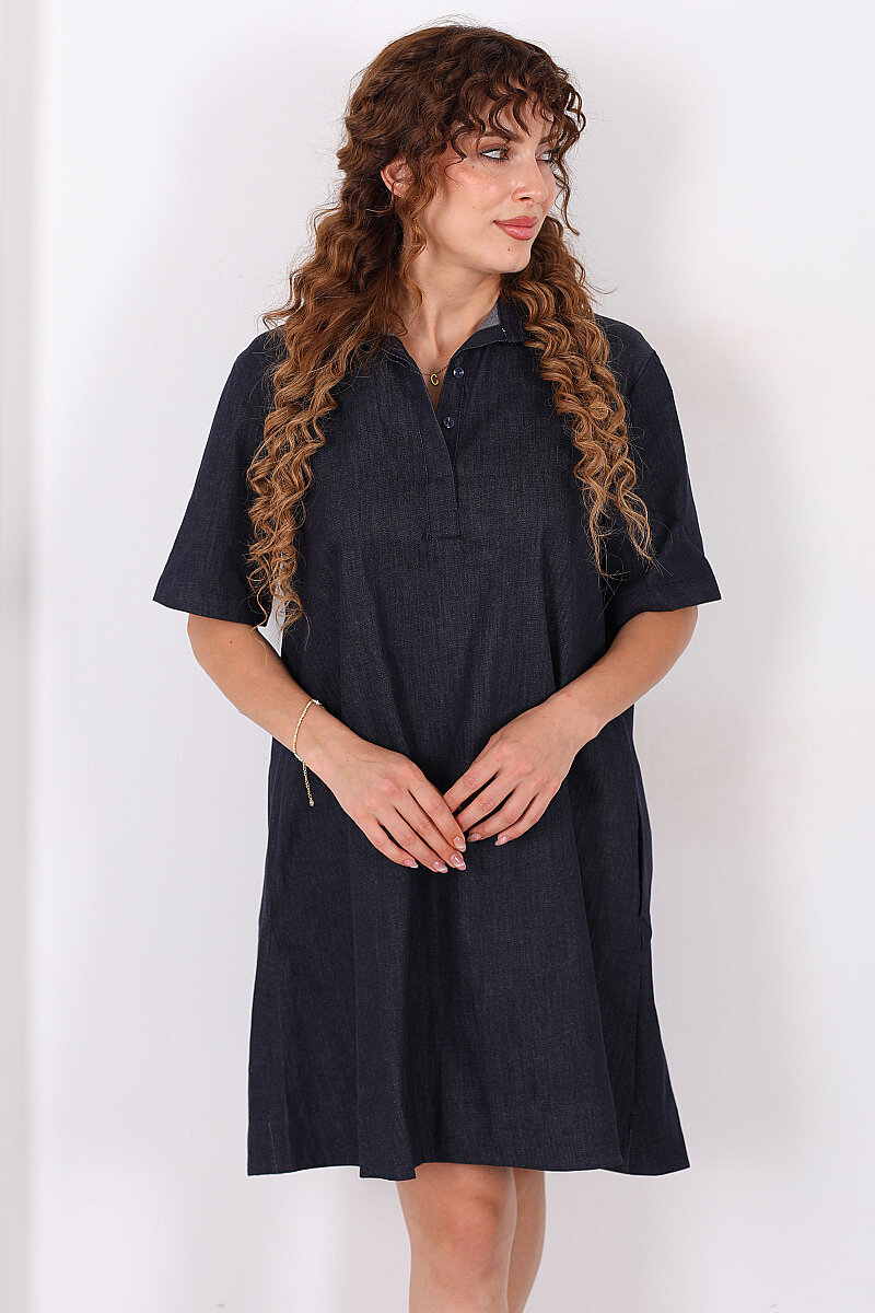 Yakalı Cepli Oversize Denim Lacivert Kadın Elbise - 4