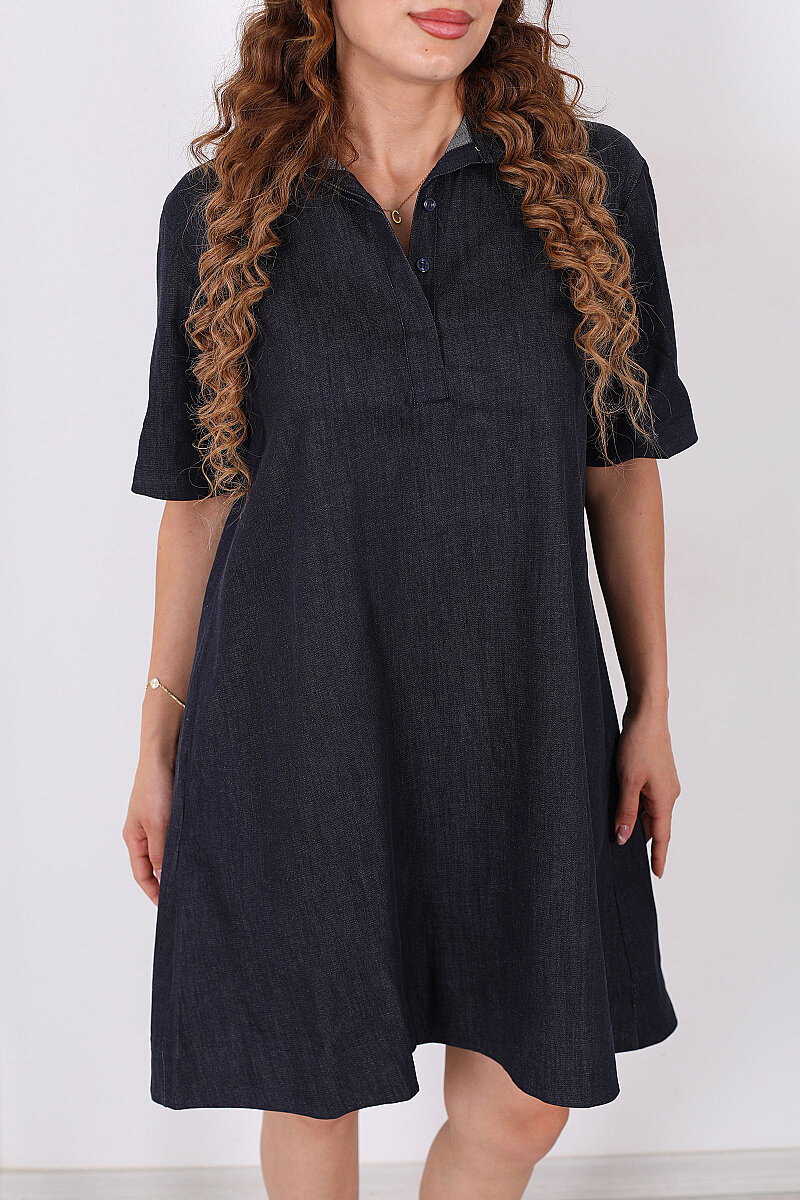 Yakalı Cepli Oversize Denim Lacivert Kadın Elbise - 2