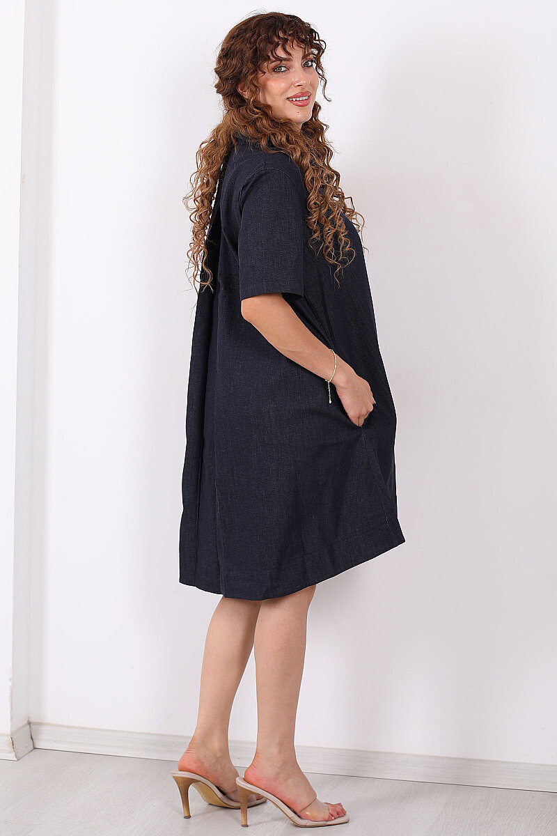 Yakalı Cepli Oversize Denim Lacivert Kadın Elbise - 5